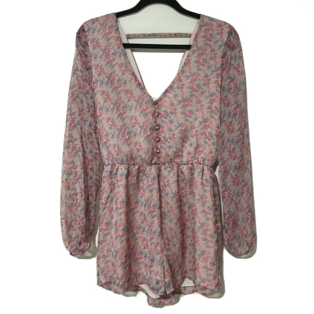 UO Kimchi Blue Floral Chiffon Romper Pink Blush